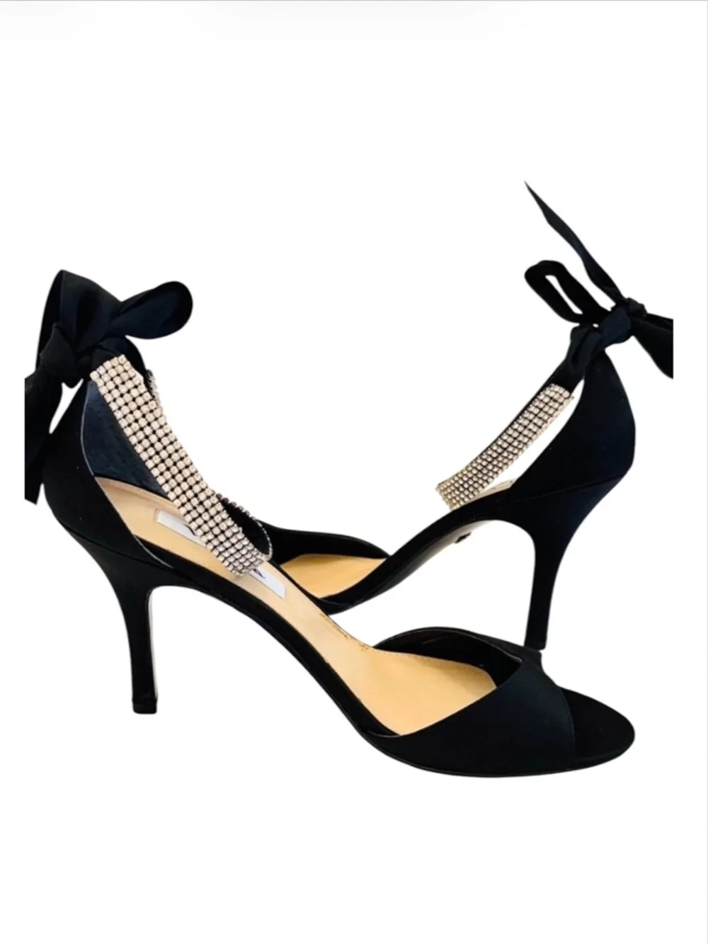 Nina Black Satin Rhinestone Strap Bow Tie Back Heels Size 8 1/2 - Picture 1 of 11